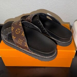 Louis Vuitton Brown Monogram women's Slide Sandals with Black Footbed